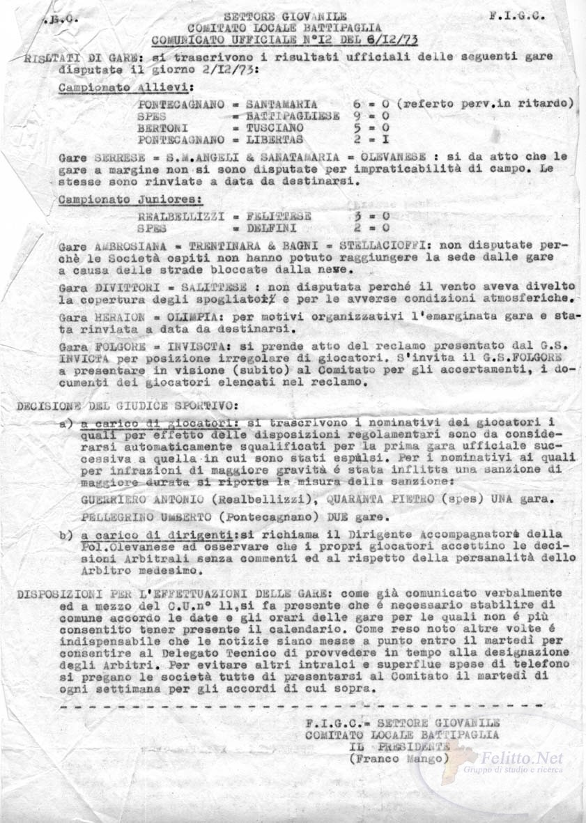 Comunicato FIGC, n.12/1973